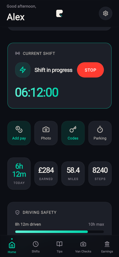 Rydealog active shift showing elapsed time and mileage