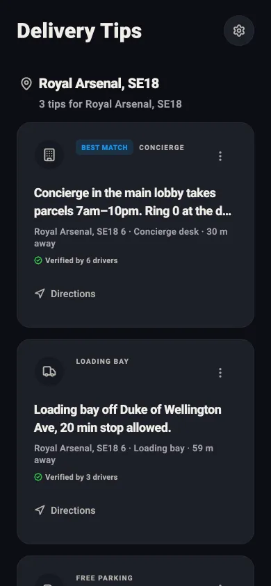 Rydealog AI stop scan showing entrance, parking and handover tips