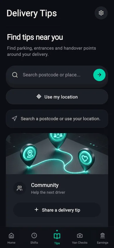 Rydealog delivery tips showing entrance, parking and handover at a stop