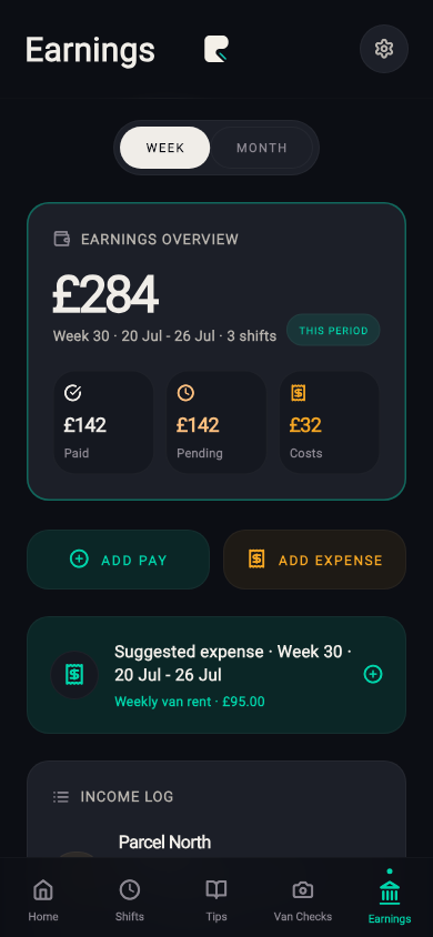 Rydealog weekly earnings summary