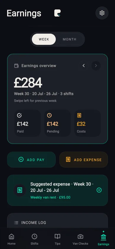 Rydealog earnings screen showing hours, miles and what’s left after costs