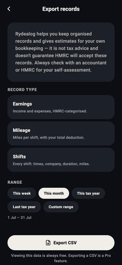 Rydealog export records screen