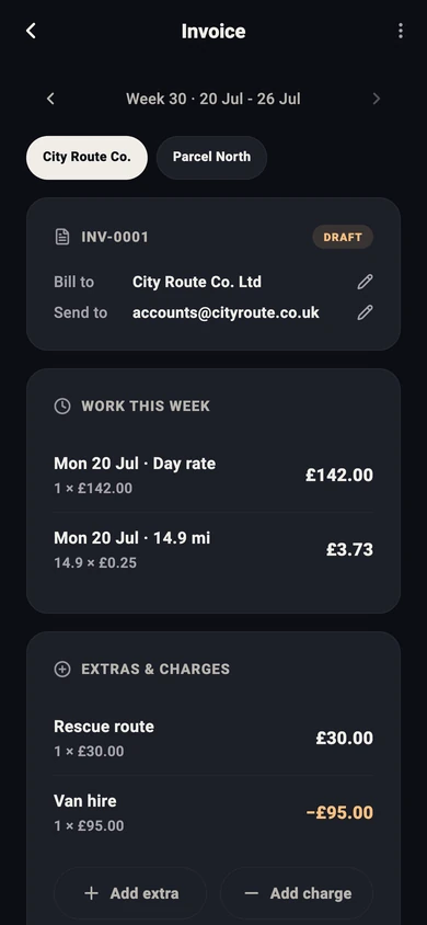 Rydealog weekly invoice with a day rate, mileage, a rescue route extra and a van hire deduction