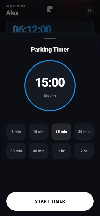 Rydealog parking timer screen